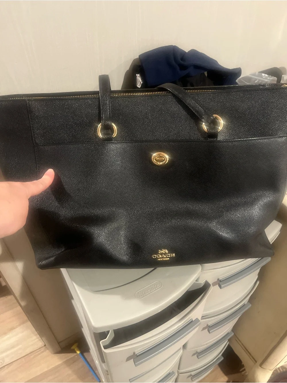 Coach Black Leather Tote with Gold Hardware Accents